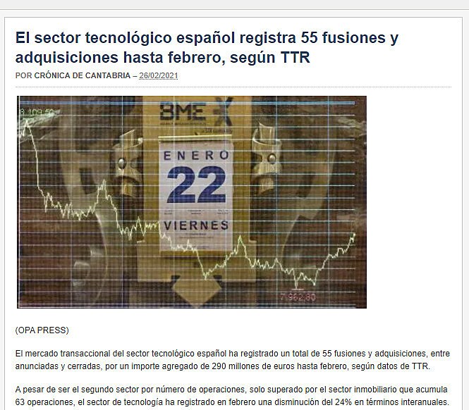 El sector tecnolgico espaol registra 55 fusiones y adquisiciones hasta febrero, segn TTR